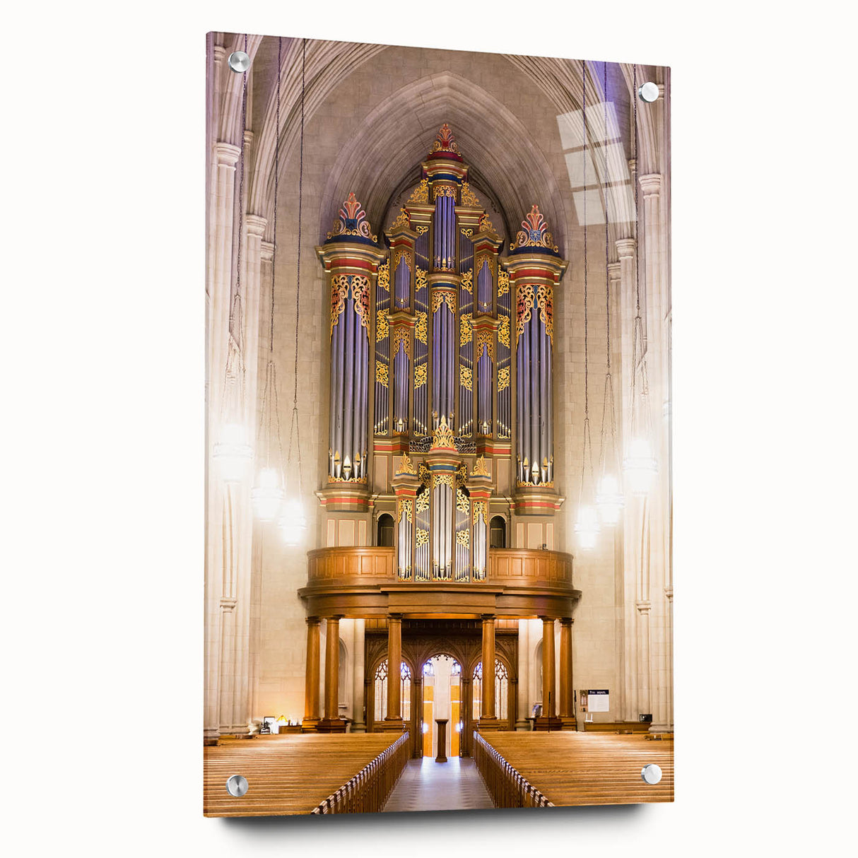Acrylic print of a large abstract depiction of Durham, North Carolina in muted blue and gray tones.