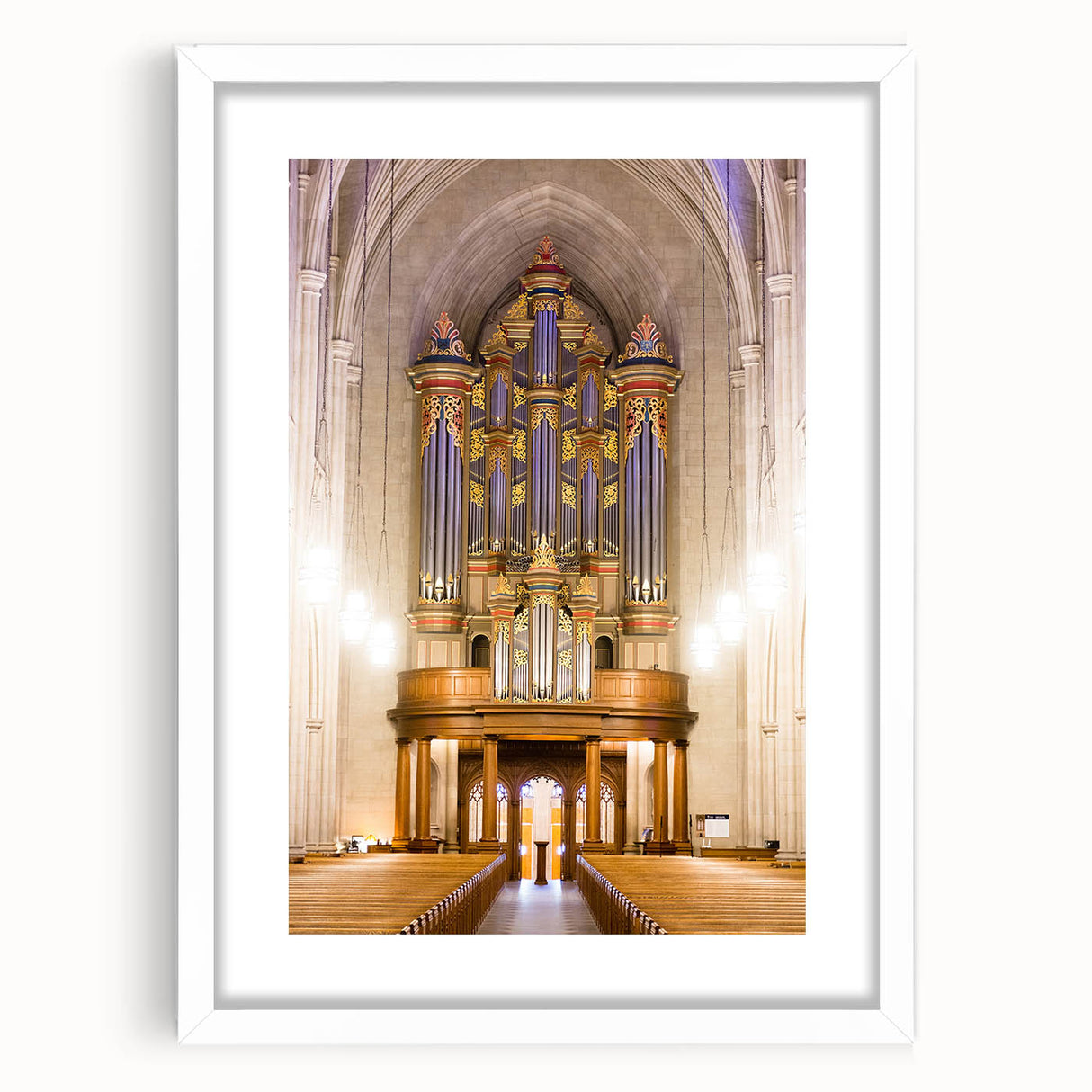 Abstract art print of Durham, North Carolina in muted earth tones on a framed white mat, suitable for dining room decor.
