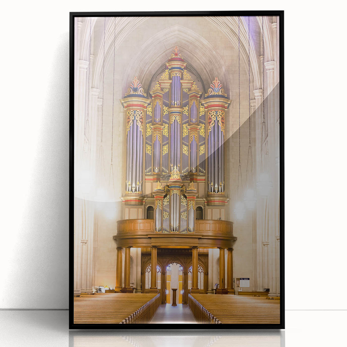 Large abstract wall art depicting a colorful Durham, North Carolina skyline on a black framed acrylic print.