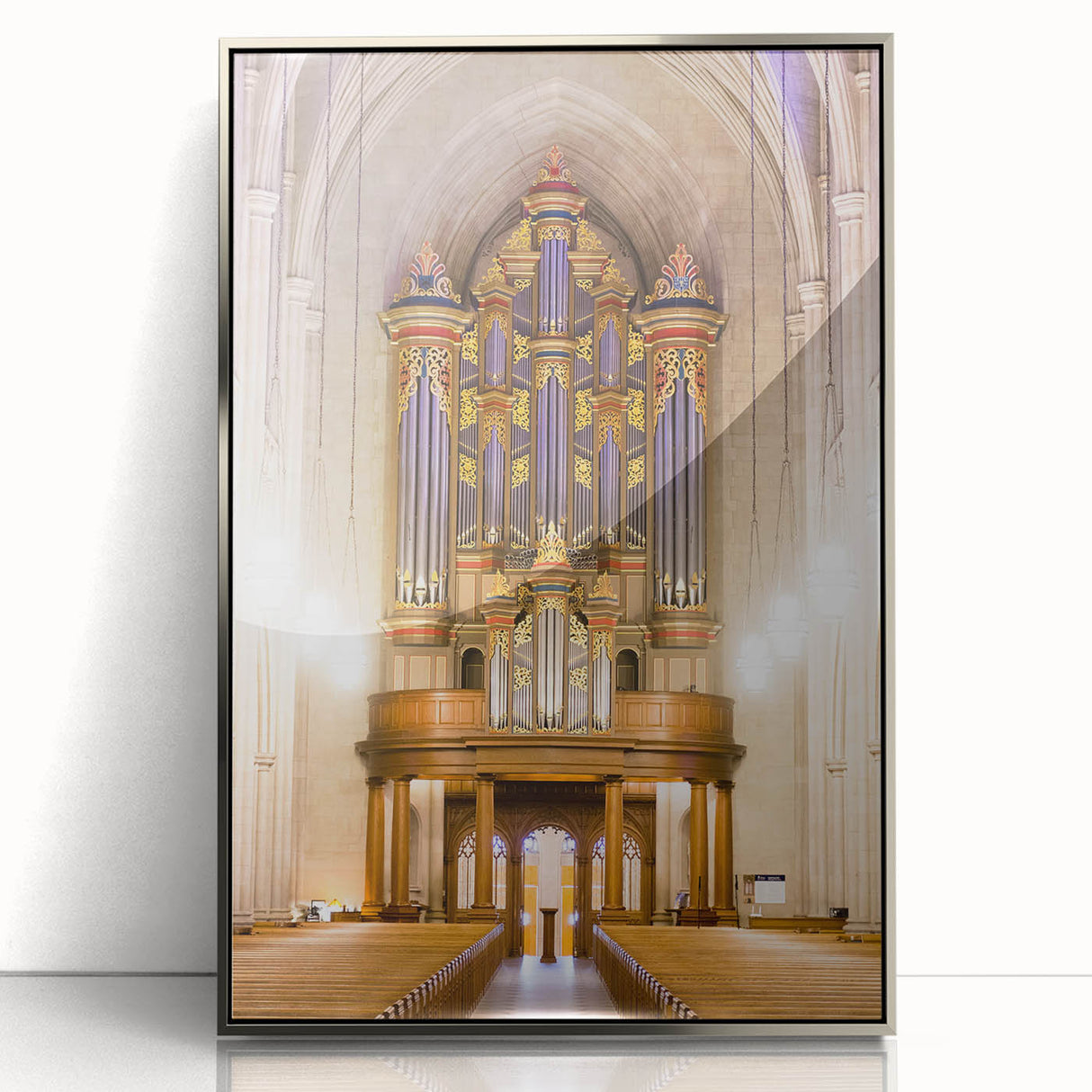 Mid-century modernist art depicting Durham, North Carolina skyline in muted gray tones on a silver-framed acrylic.