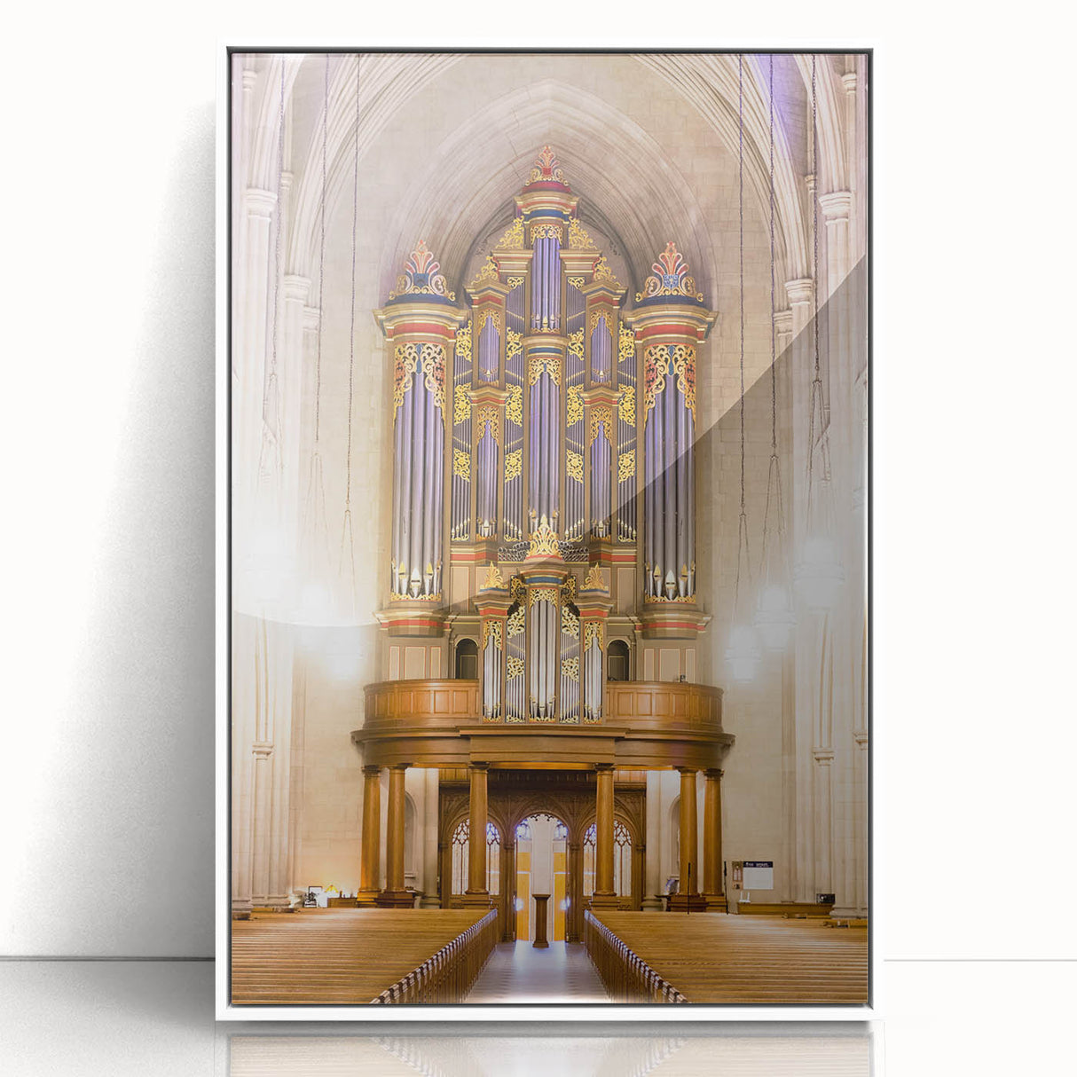 Art Deco poster of Durham, North Carolina skyline in muted gray and blue tones on framed acrylic.