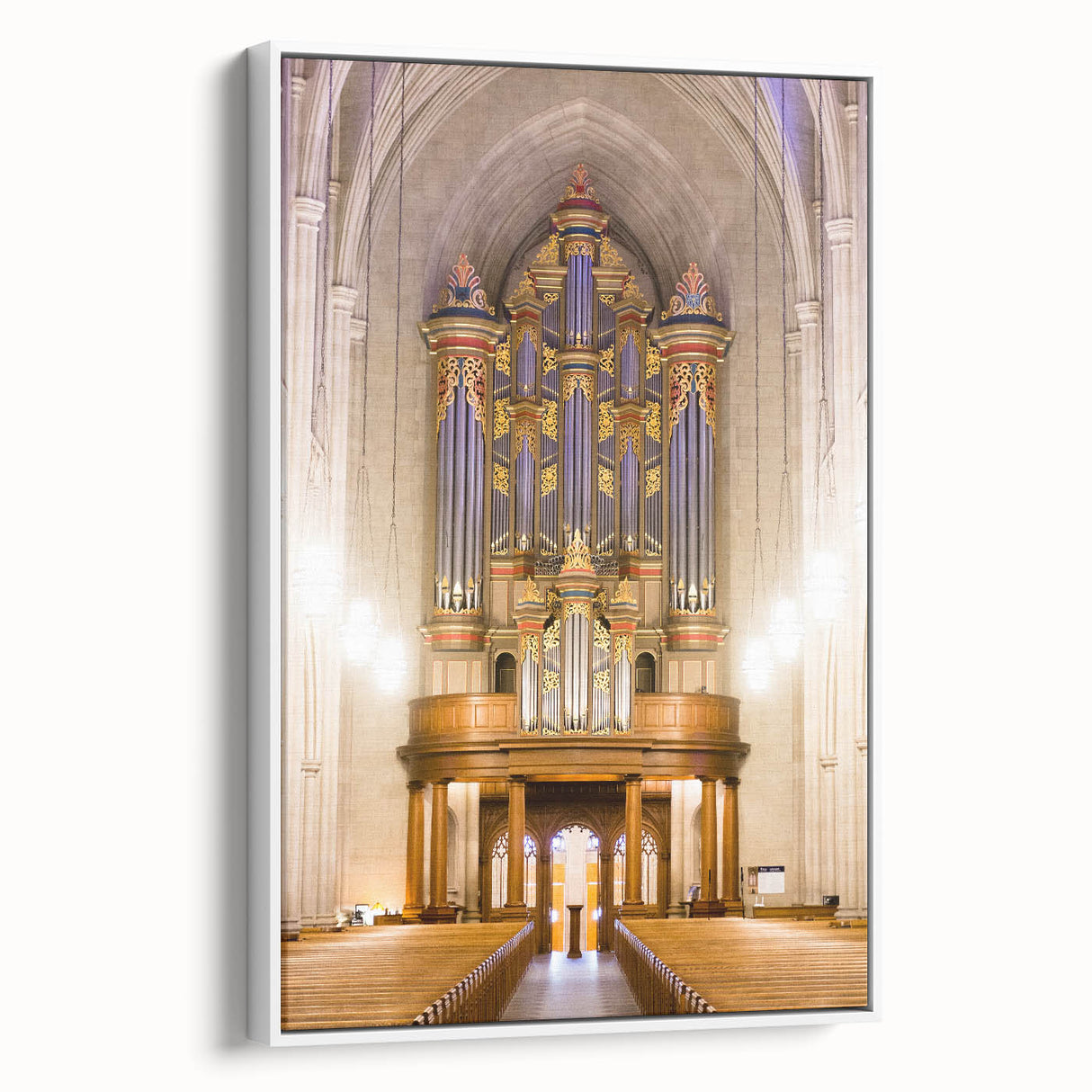 Vintage poster art of Durham, North Carolina skyline in vibrant colors on a large framed canvas, ideal for living room decor.