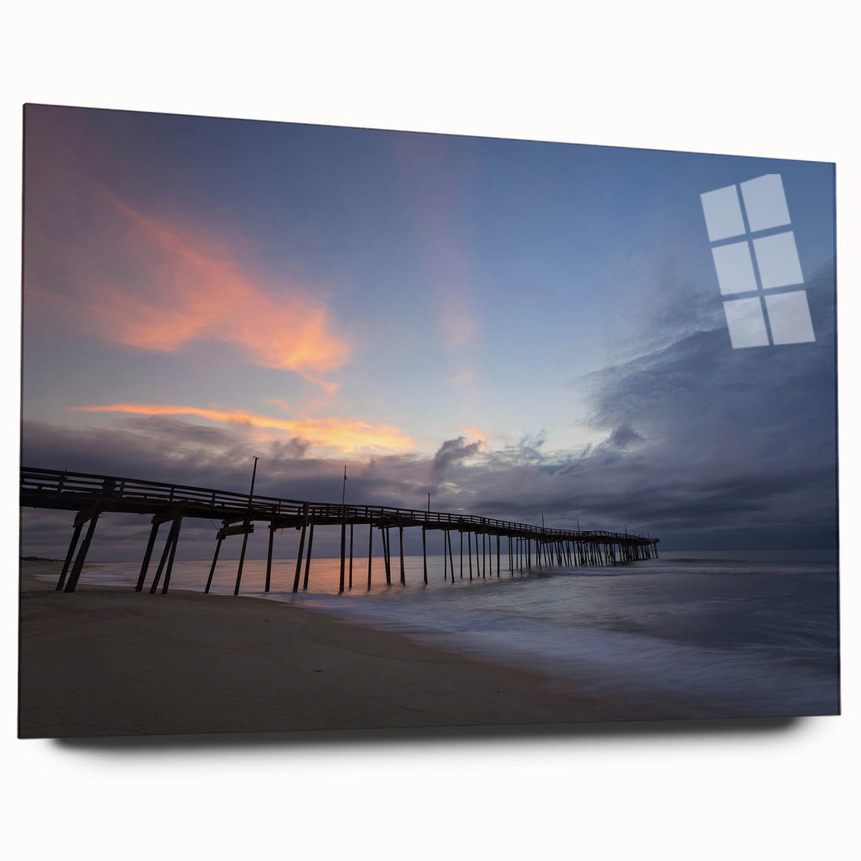 Large abstract wall art of the Outer Banks in muted blue and green tones on acrylic glass.