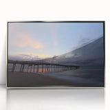Mid-century modernist art depicting the Outer Banks in muted blue and silver tones, framed acrylic.