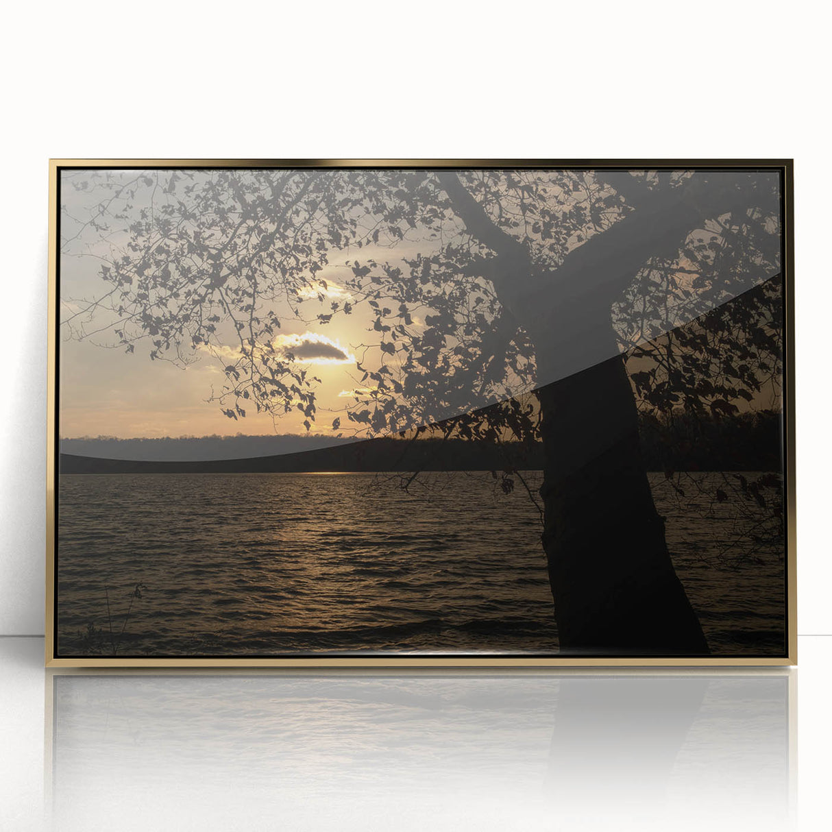 Acrylic print of Raleigh, North Carolina skyline in gold tones, framed, ideal for modern art wall decor.