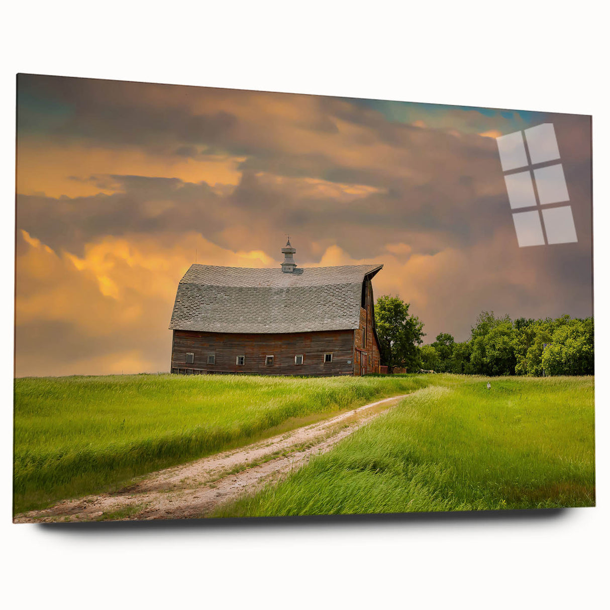Large abstract wall art depicting North Dakota scenery in muted earth tones on acrylic glass.