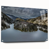 Acrylic print of a large abstract depiction of the Adirondacks in muted earth tones.