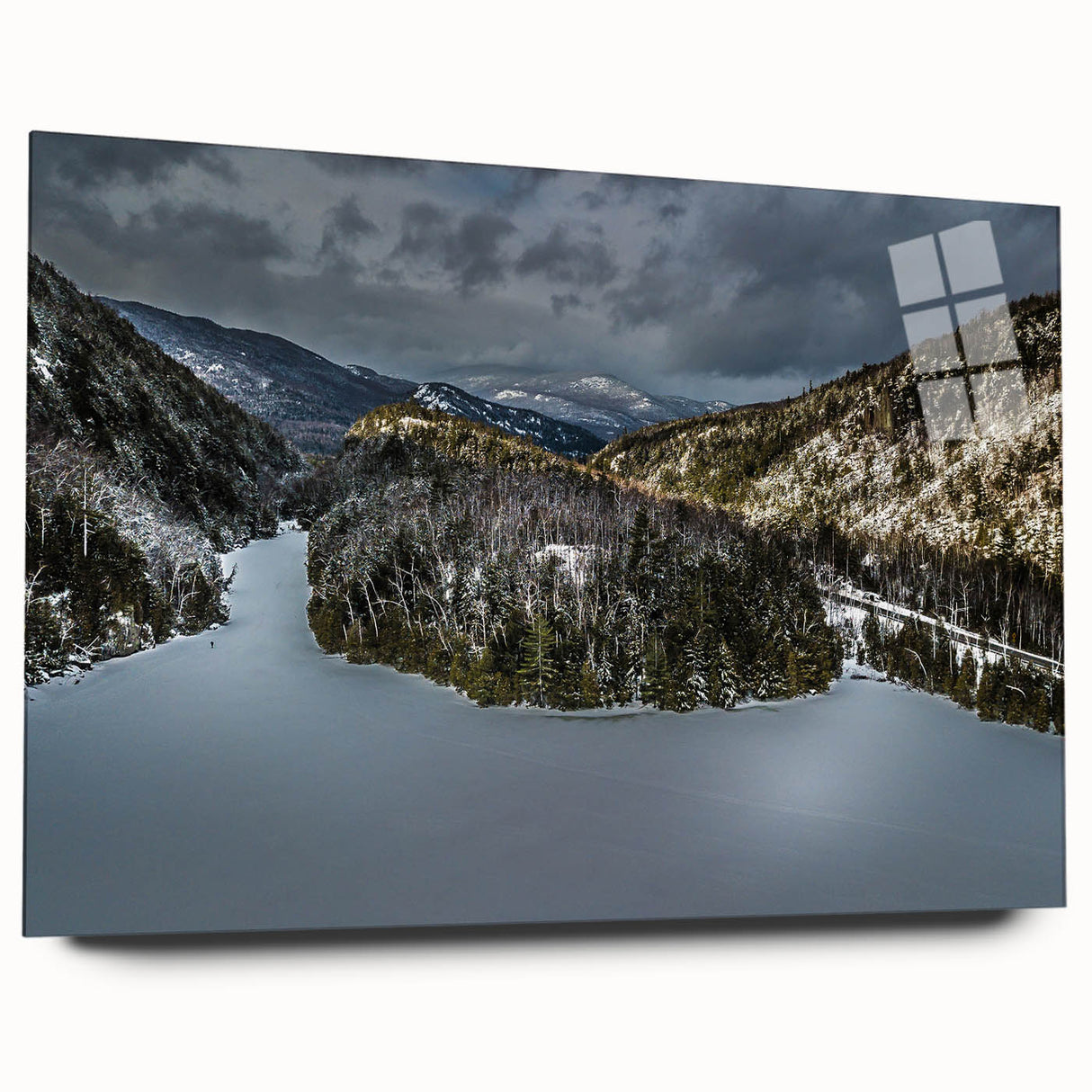 Acrylic print of a large abstract depiction of the Adirondacks in muted earth tones, ideal for bedroom or dining room art.