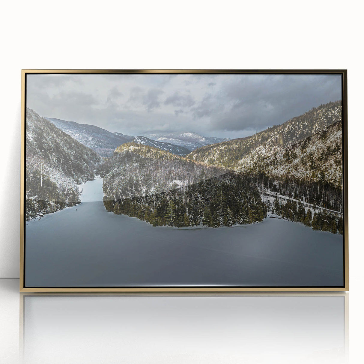 Acrylic print of Adirondack scenery in subdued earth tones, framed in gold, ideal for modern art wall decor.