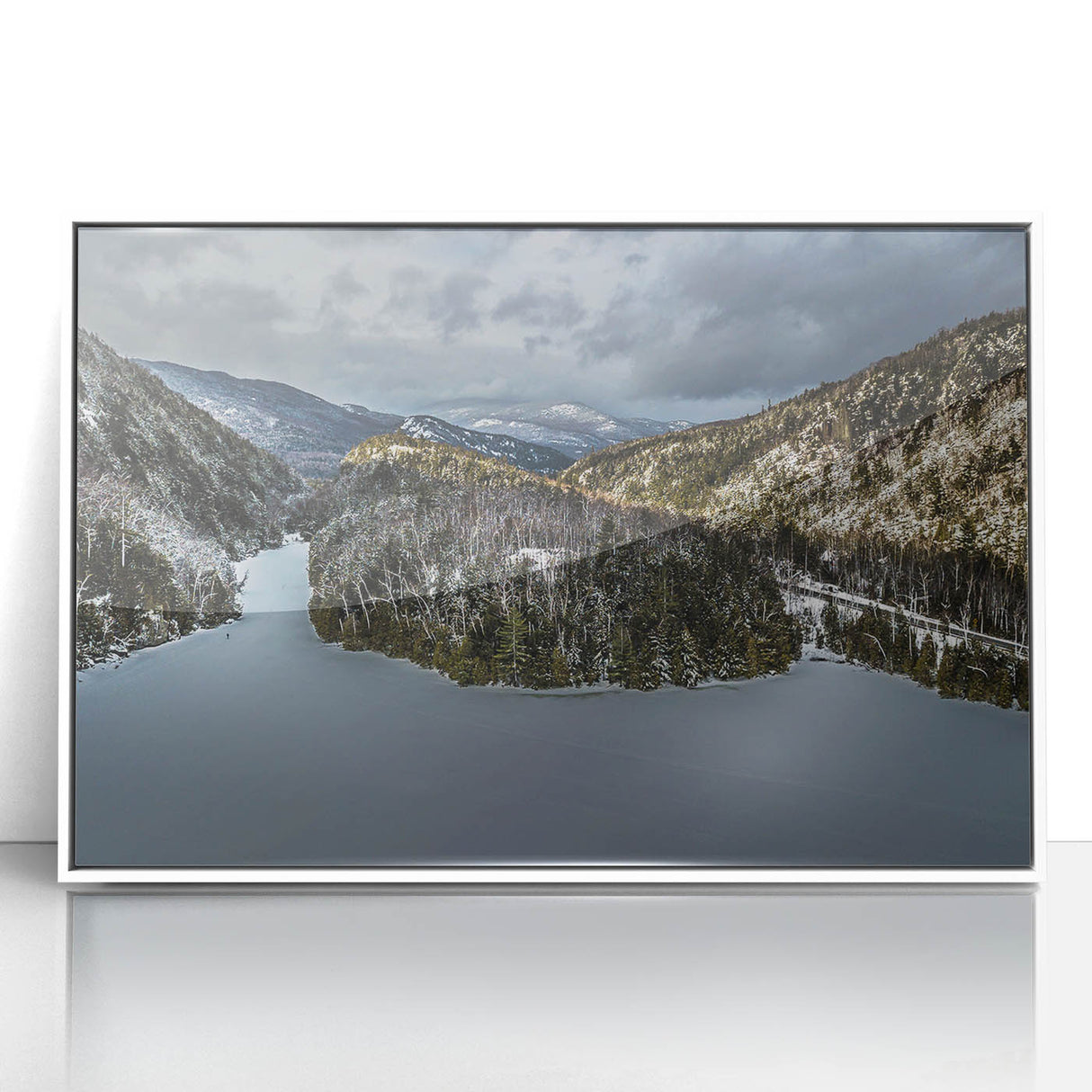 Acrylic print of Adirondack scenery in art deco style with muted green and blue tones, ideal for nursery wall art.