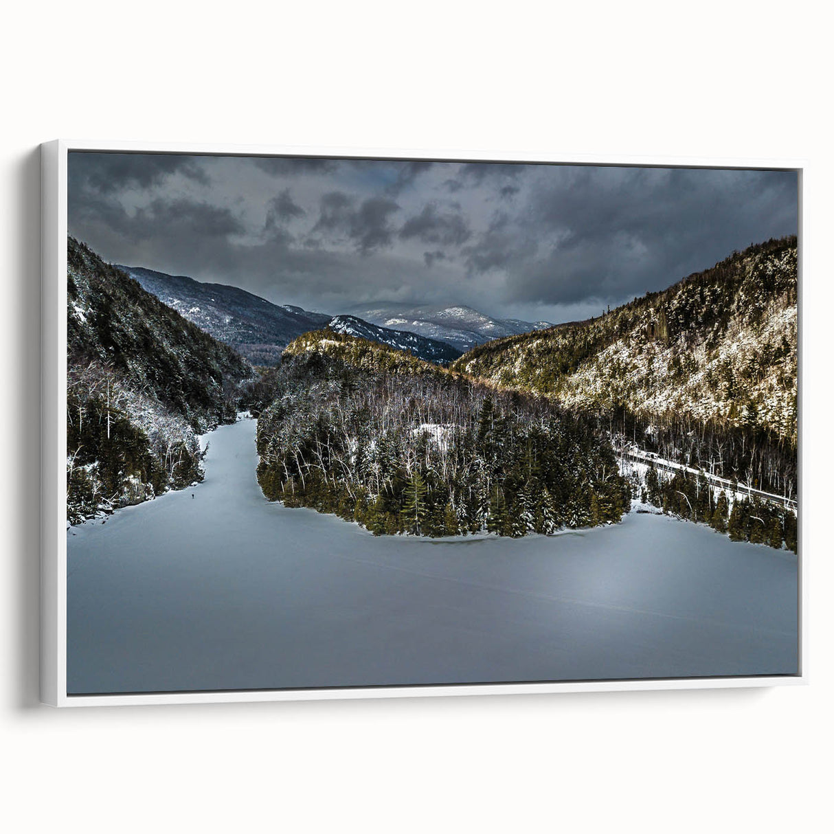 Vintage poster art of Adirondacks scenery on a framed canvas, featuring vibrant autumn colors, ideal for living room decor.