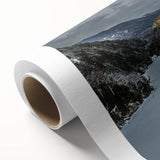 Art deco poster of Adirondack scenery in muted green and blue tones on rolled canvas.