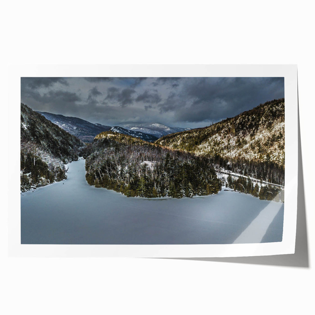 Rolled print of Adirondacks landscape in soft green and blue tones, suitable as extra large wall art for dining rooms.