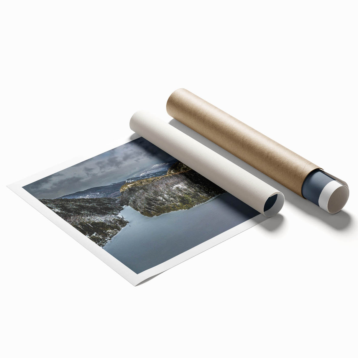 Extra large rolled print of Adirondacks scenery in muted earth tones, suitable as floral bathroom or living room wall art.