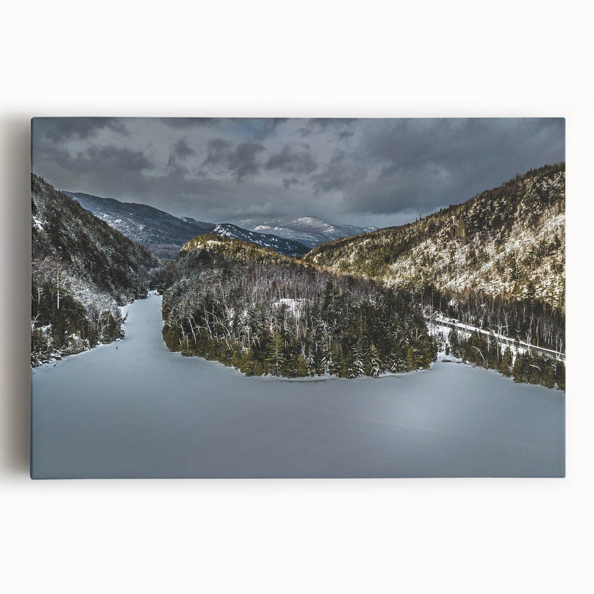 Black and white photograph of Adirondack landscape on large stretched canvas, ideal for kitchen wall art.