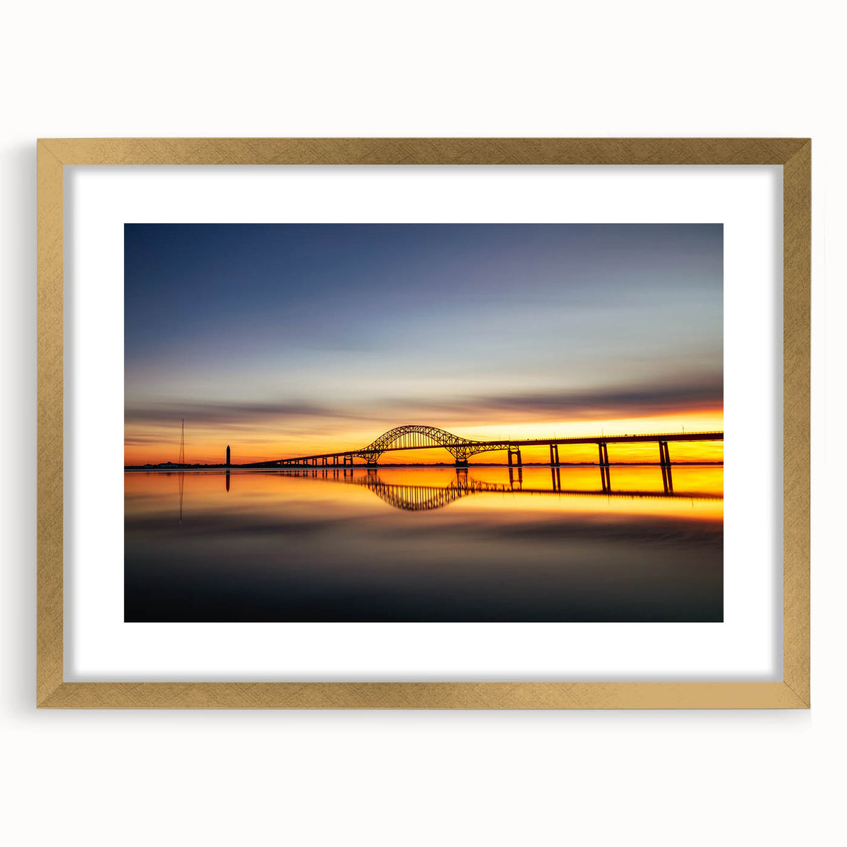 Extra large abstract art print of a textured seaside landscape in muted blues and greens, framed in gold.