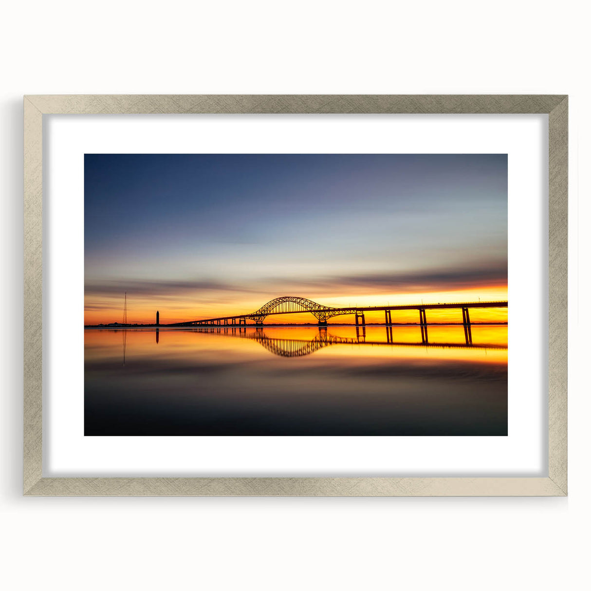 Textured abstract art print of Long Island, NY, in muted blue and gray tones on a framed silver canvas.