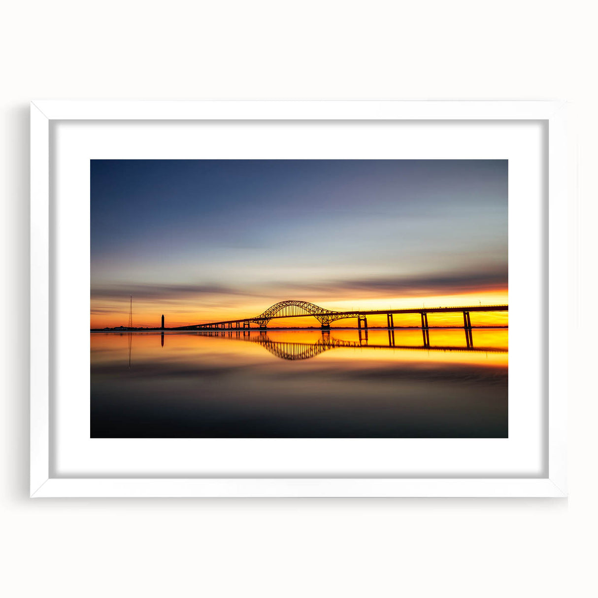 Abstract art print of Long Island scenery in muted blue and green tones, framed with a white mat.