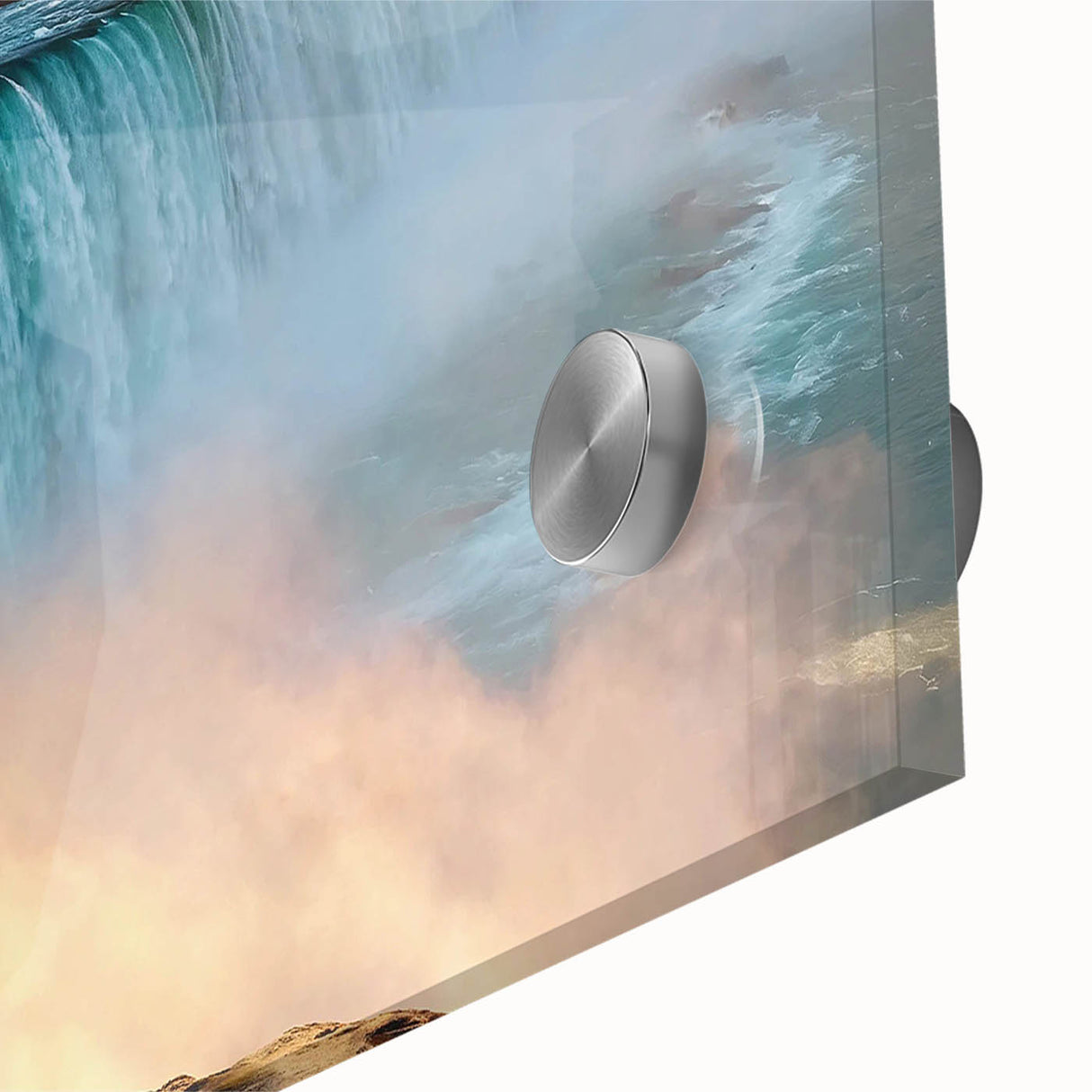 Acrylic print of a large abstract depiction of Niagara Falls in muted blue and green tones, suitable for dining room art.