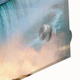 Acrylic print of a large abstract depiction of Niagara Falls in muted blue and green tones, suitable for dining room art.