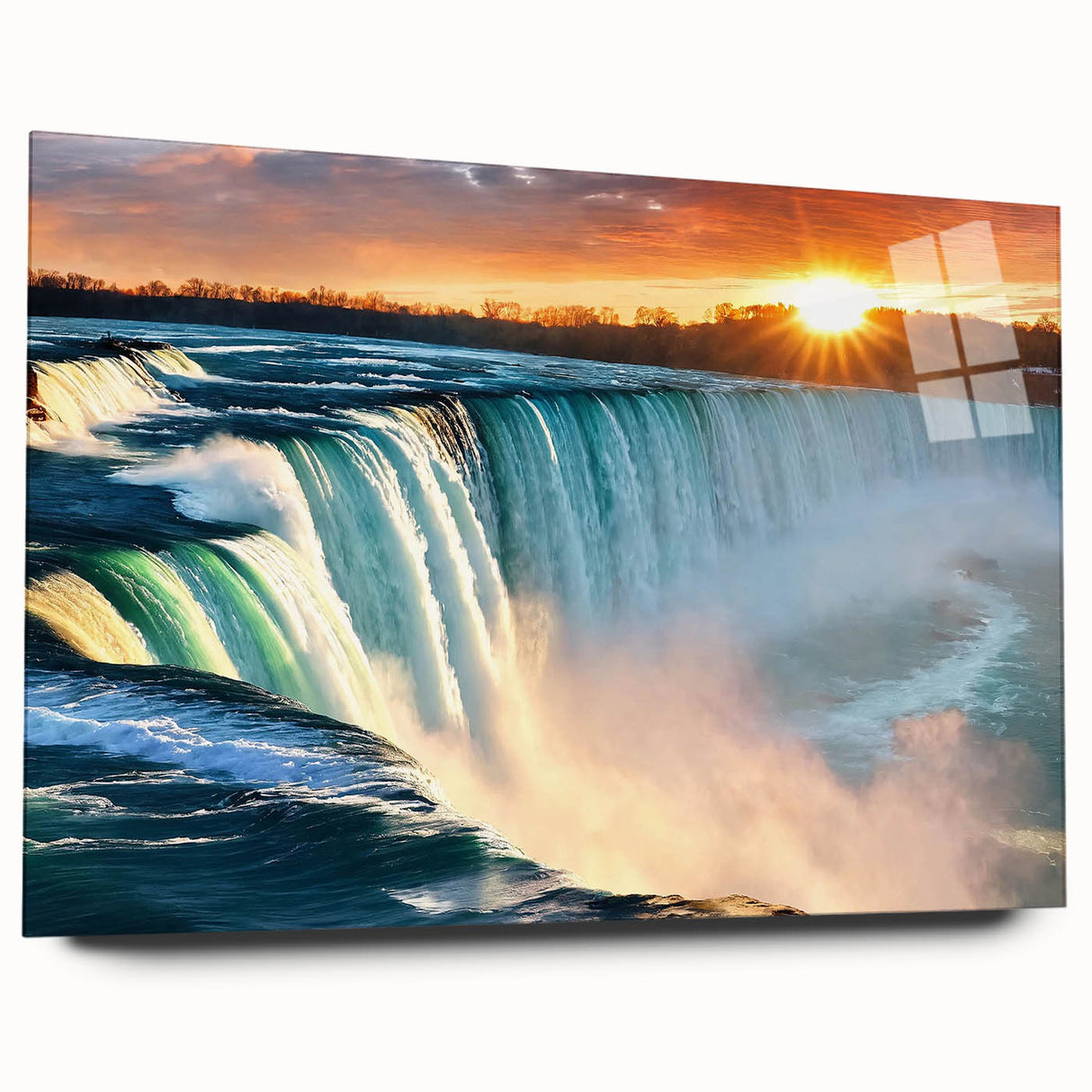 Large abstract depiction of Niagara Falls in muted blue and green tones on acrylic glass.