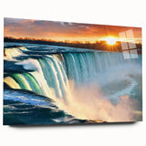 Large abstract depiction of Niagara Falls in muted blue and green tones on acrylic glass.