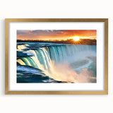 Extra large abstract art print of Niagara Falls in muted blue and white tones, framed in gold.