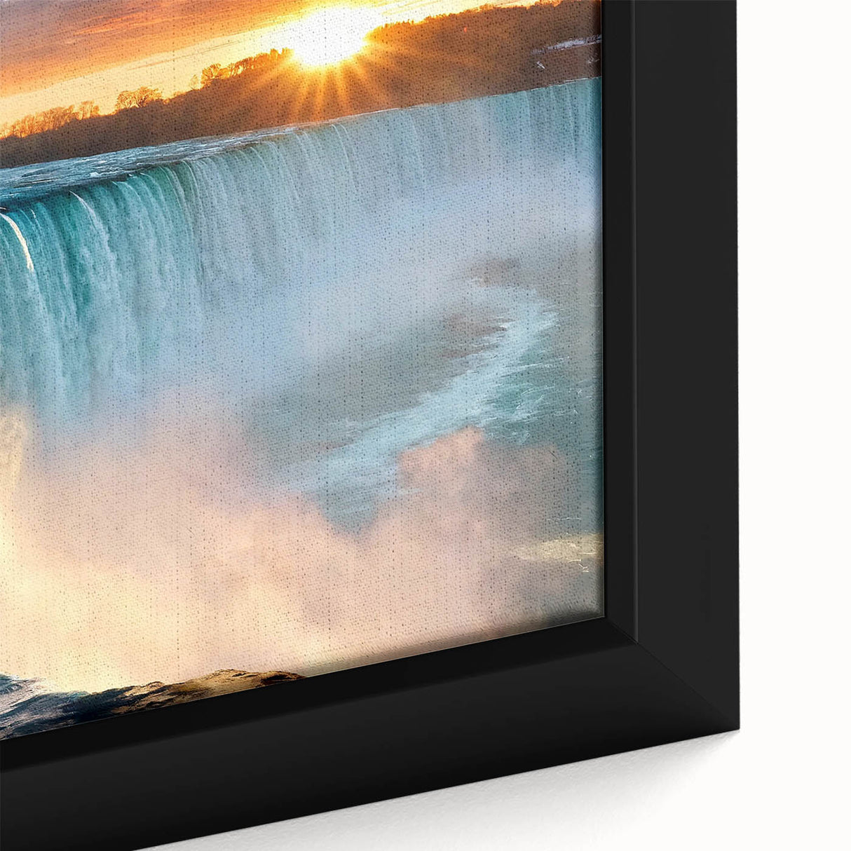 Extra large framed canvas depicting a black textured depiction of Niagara Falls with colorful accents.