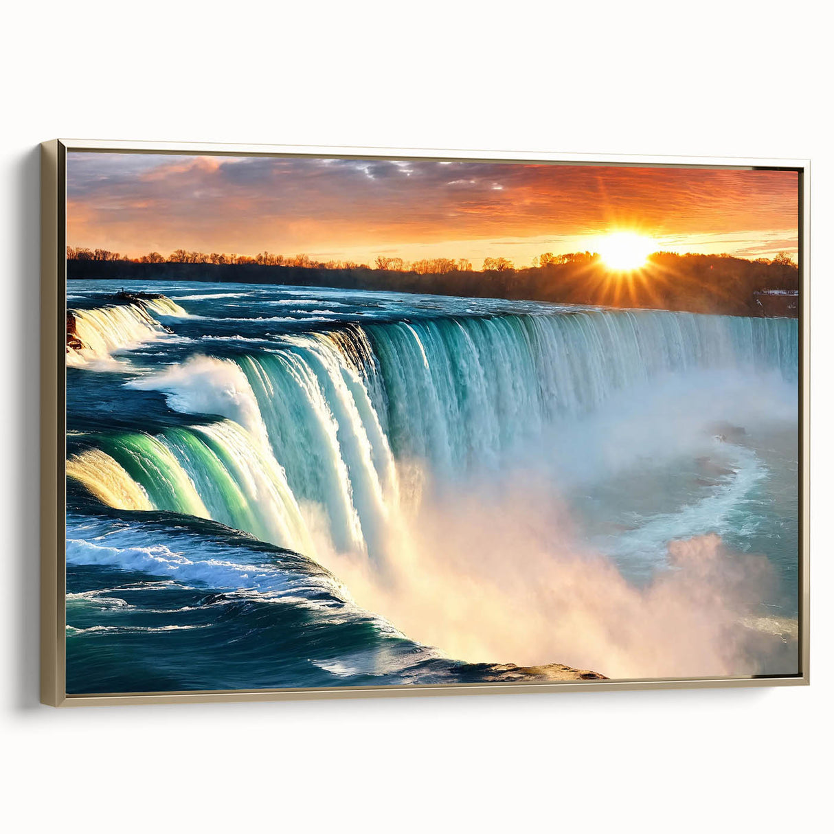 Framed canvas wall art featuring a vintage poster art style depiction of Niagara Falls in muted gold and black tones.