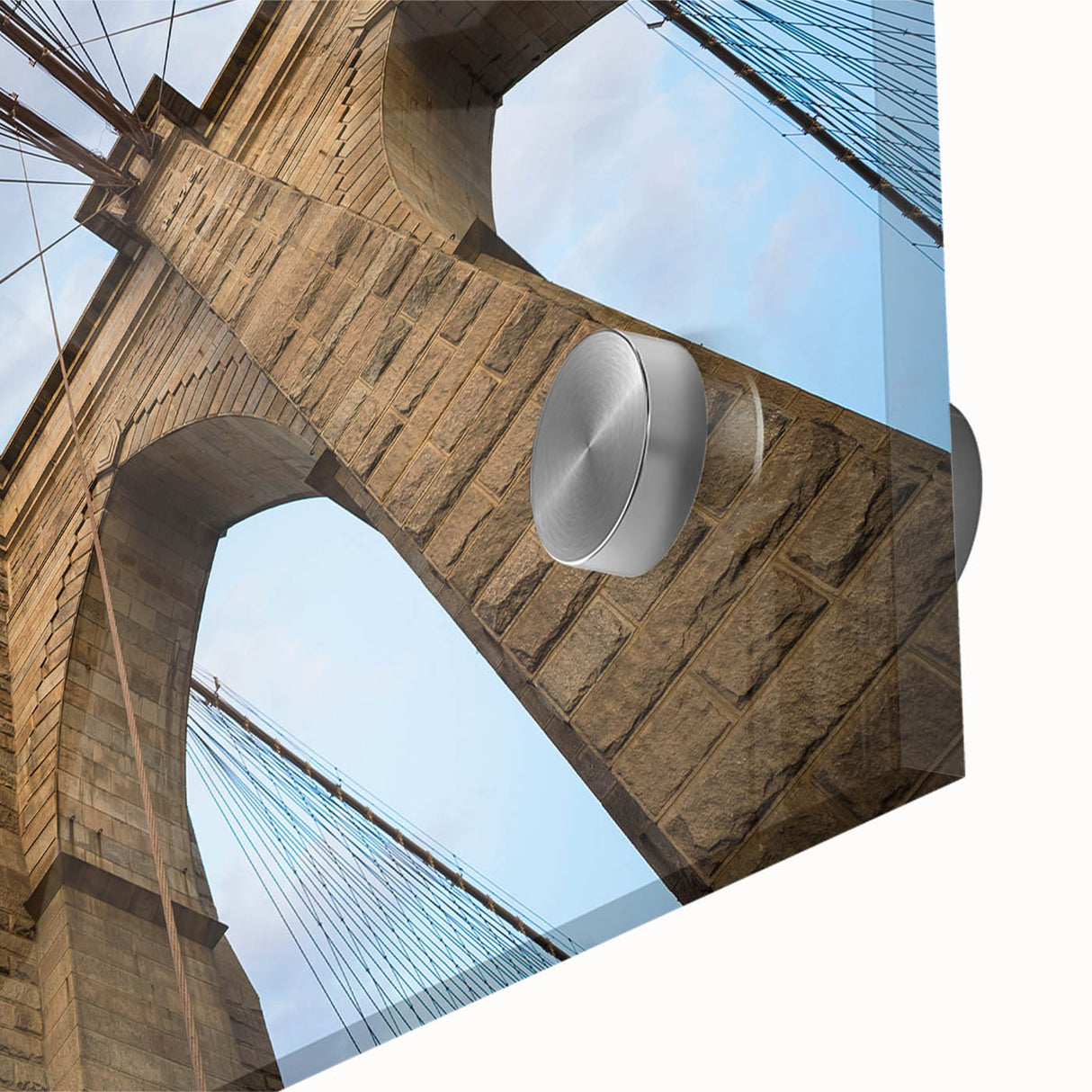 Acrylic glass print of the Brooklyn Bridge in muted gray tones, ideal for dining room art.