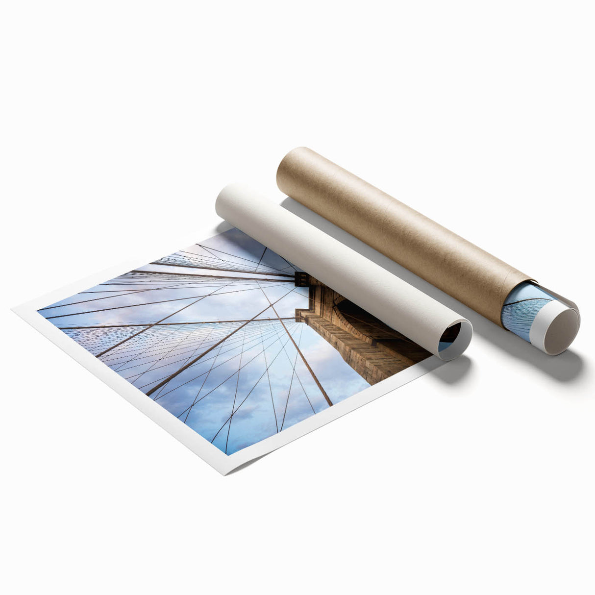 Extra large wall art depicting the Brooklyn Bridge in muted gray tones on a rolled canvas.