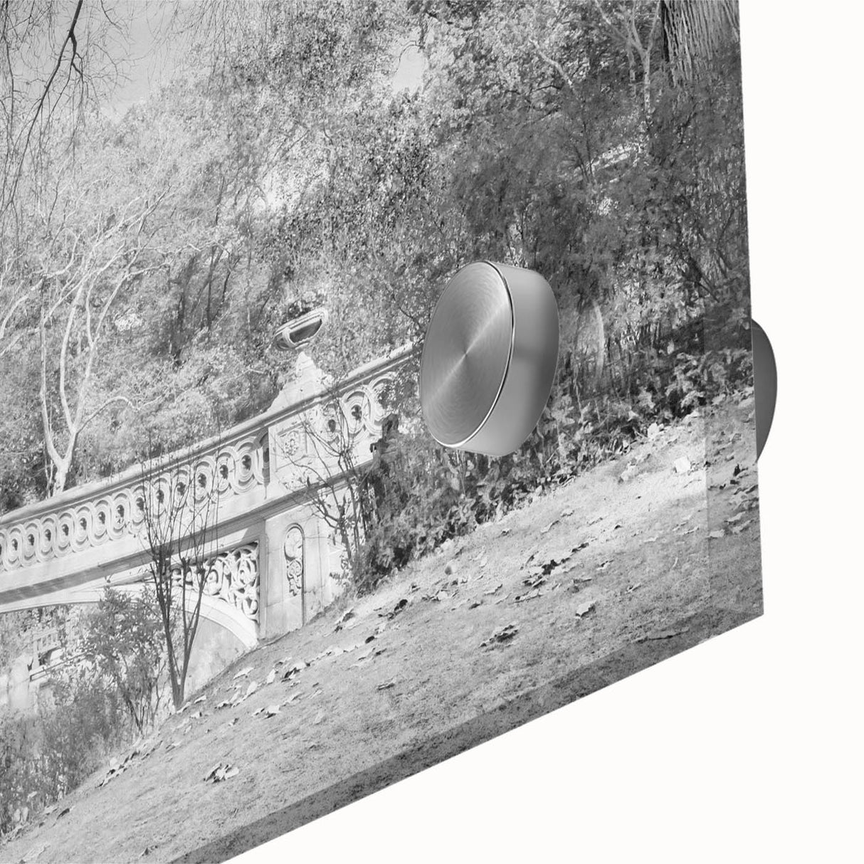 Mid-century modernist art of Central Park in muted green and blue tones on acrylic glass, ideal for dining room art.