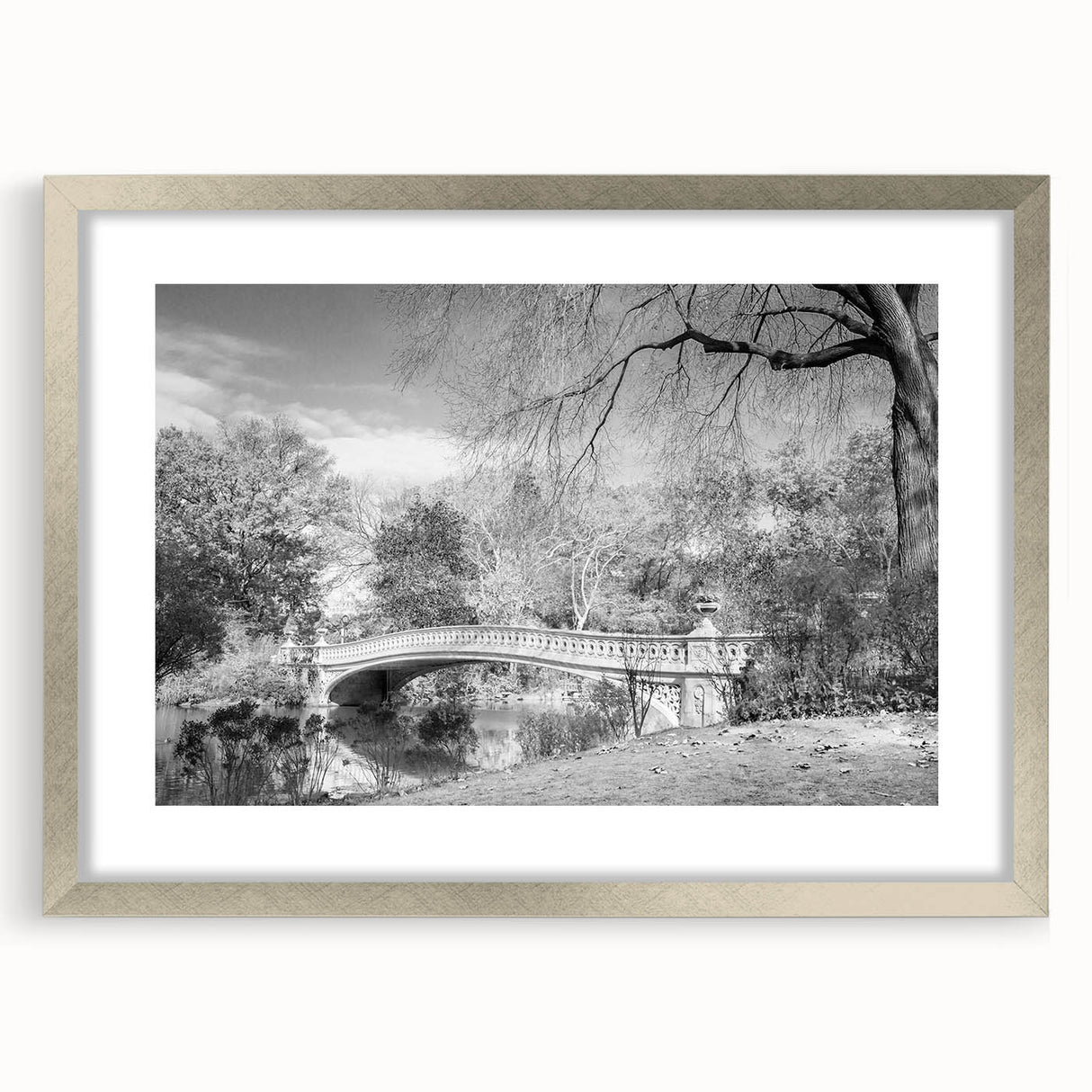 Textured abstract art print of Central Park with muted green and brown tones on a silver-framed mat.
