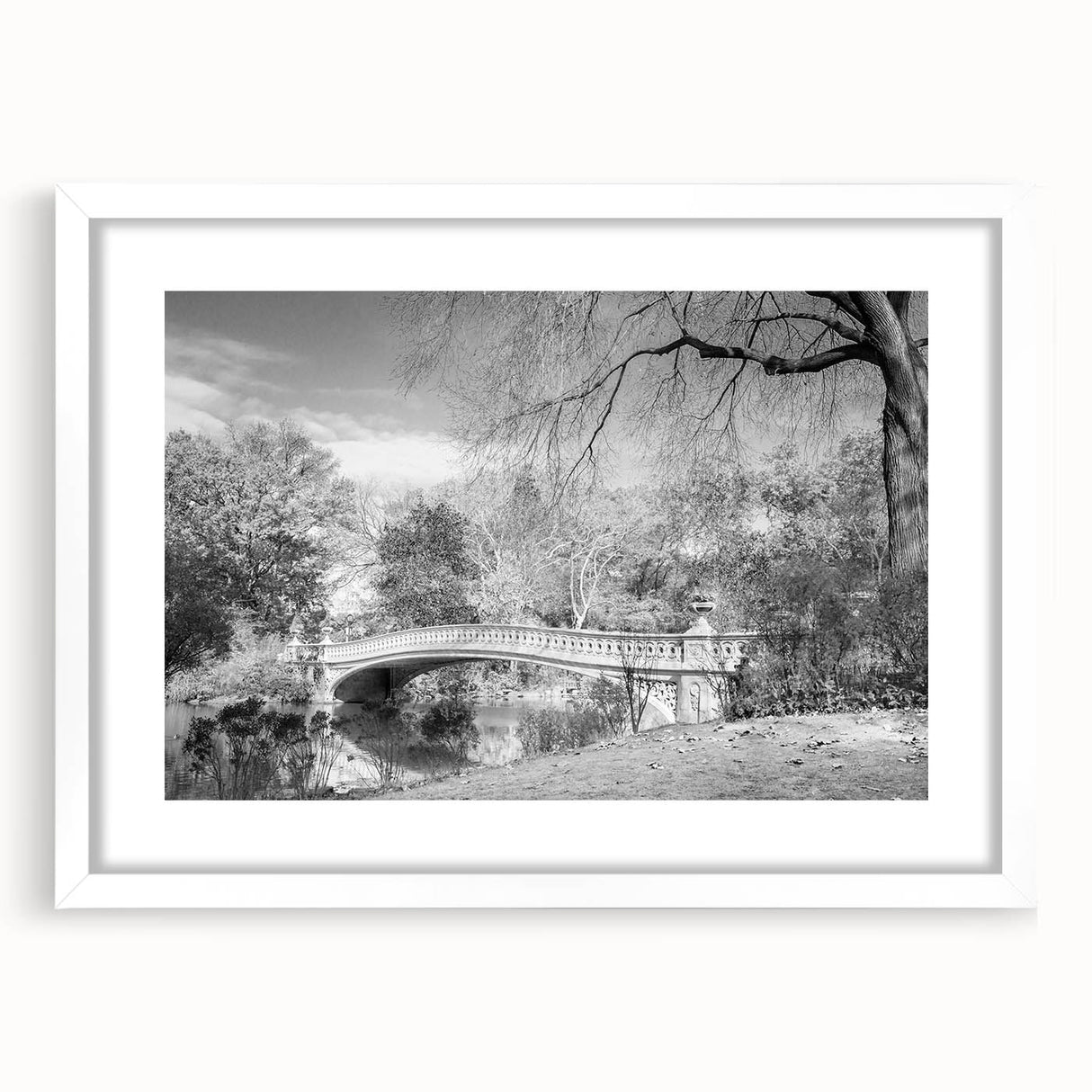 Abstract art print of Central Park in muted green and brown tones on a white framed canvas.