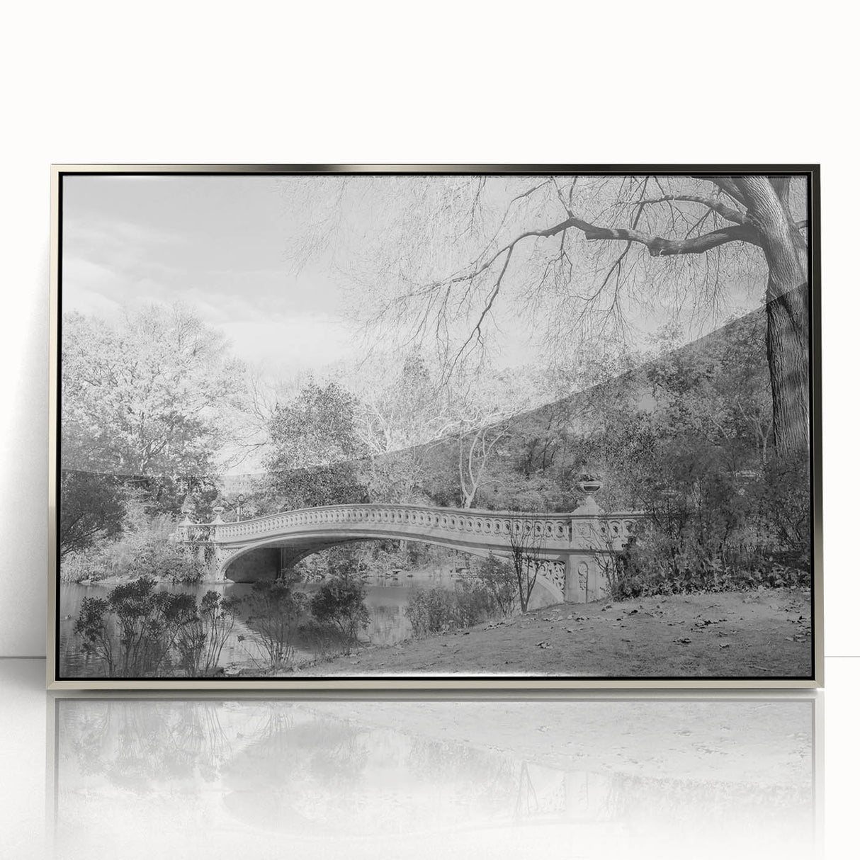Framed acrylic print of Central Park with mid-century modernist style in muted green and brown tones.