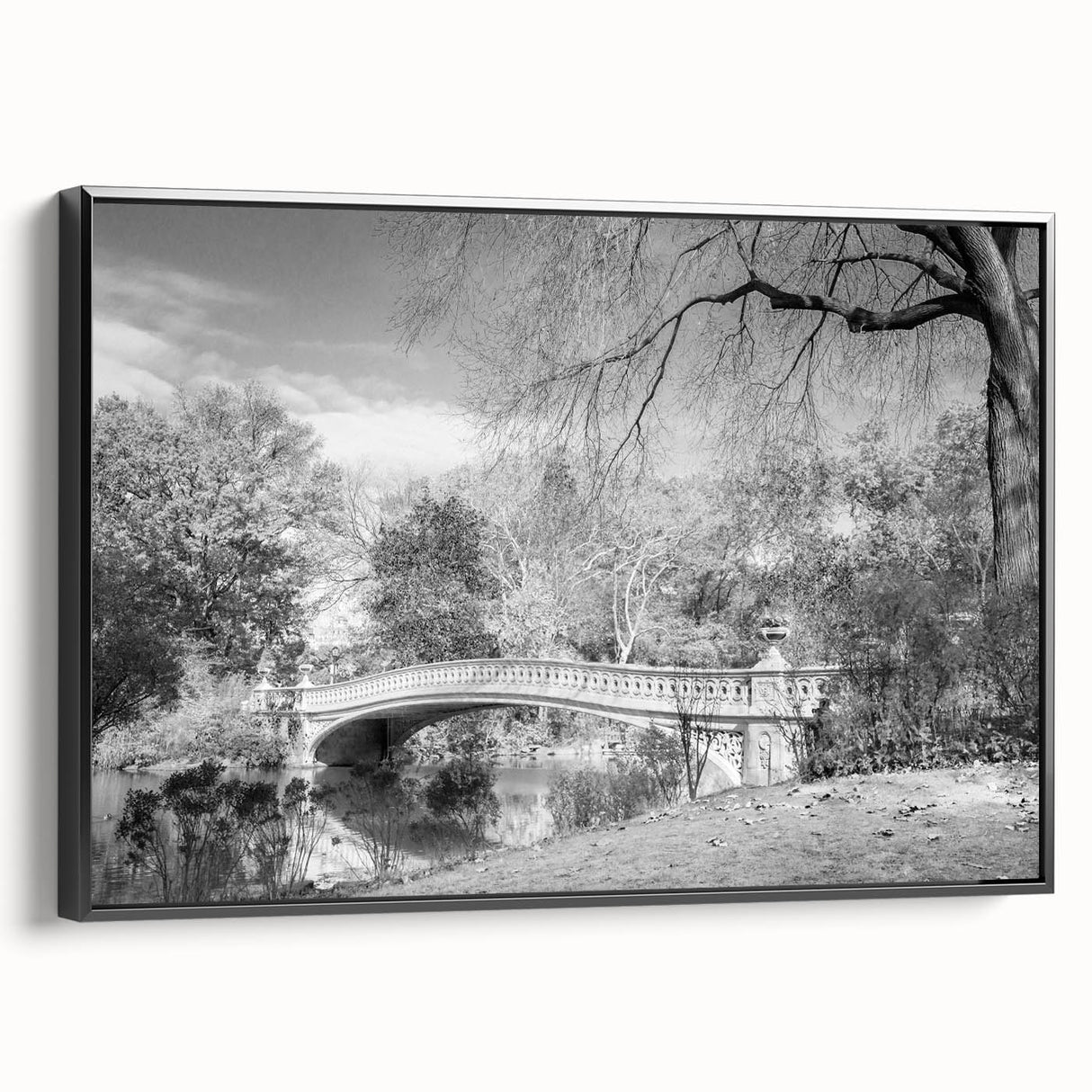 Black and white framed canvas of Central Park landscape, vintage poster style, ideal for bedroom decor.