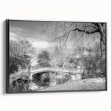 Black and white framed canvas of Central Park landscape, vintage poster style, ideal for bedroom decor.