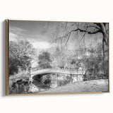 Framed canvas of Central Park landscape in muted greens and golds, vintage poster style, ideal for bedroom wall art.