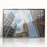 Acrylic print of the NYC skyline with Empire State Building in muted gold tones, suited for modern art wall decor.