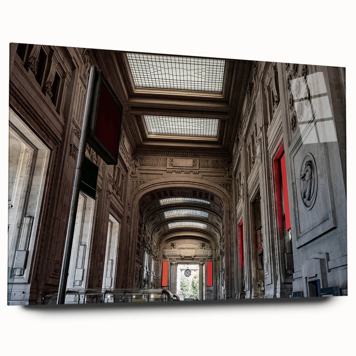 Acrylic print of a large abstract depiction of NYC's Grand Central, in muted gray tones.