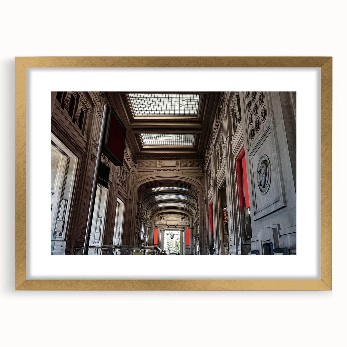 Extra large abstract art print of NYC Grand Central, in gold frame, ideal for living room decor.