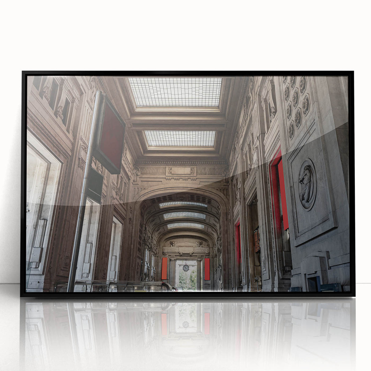 Large abstract wall art depicting NYC's Grand Central in muted gray and blue tones on a black framed acrylic.