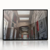 Large abstract wall art depicting NYC's Grand Central in muted gray and blue tones on a black framed acrylic.