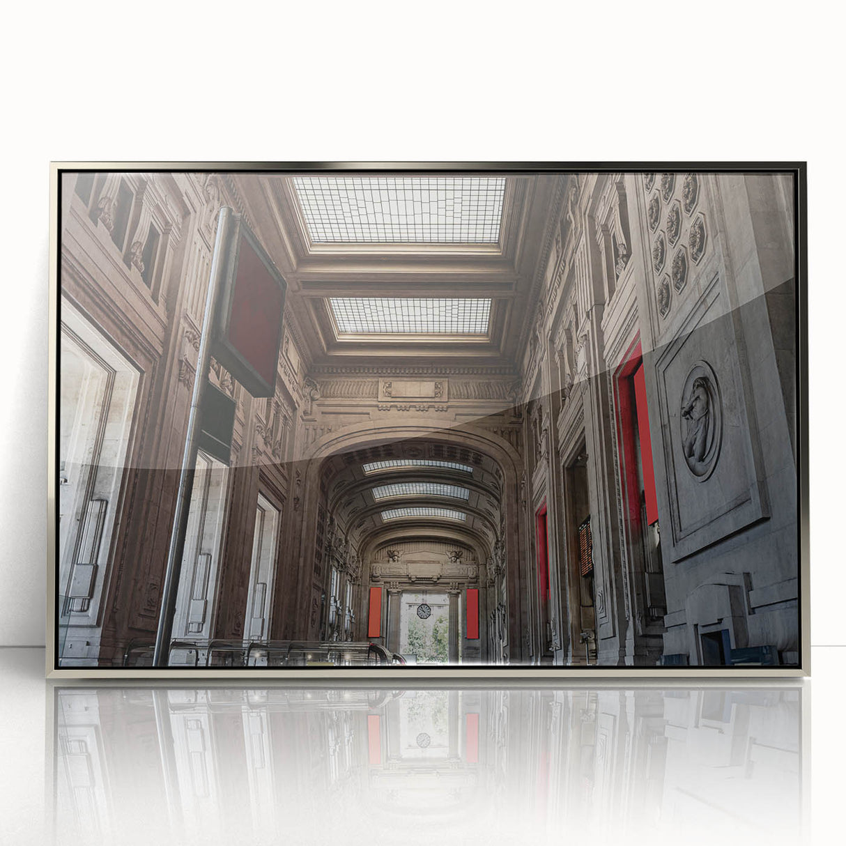 Mid-century modernist art of NYC Grand Central in muted gray and blue tones, acrylic print framed in silver.