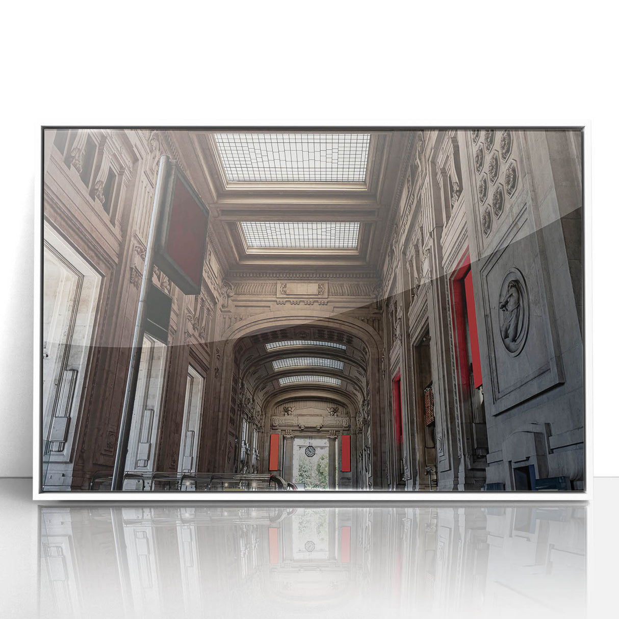 Art deco poster of New York's Grand Central in muted gray and blue tones, framed acrylic, ideal for modern art wall decor.