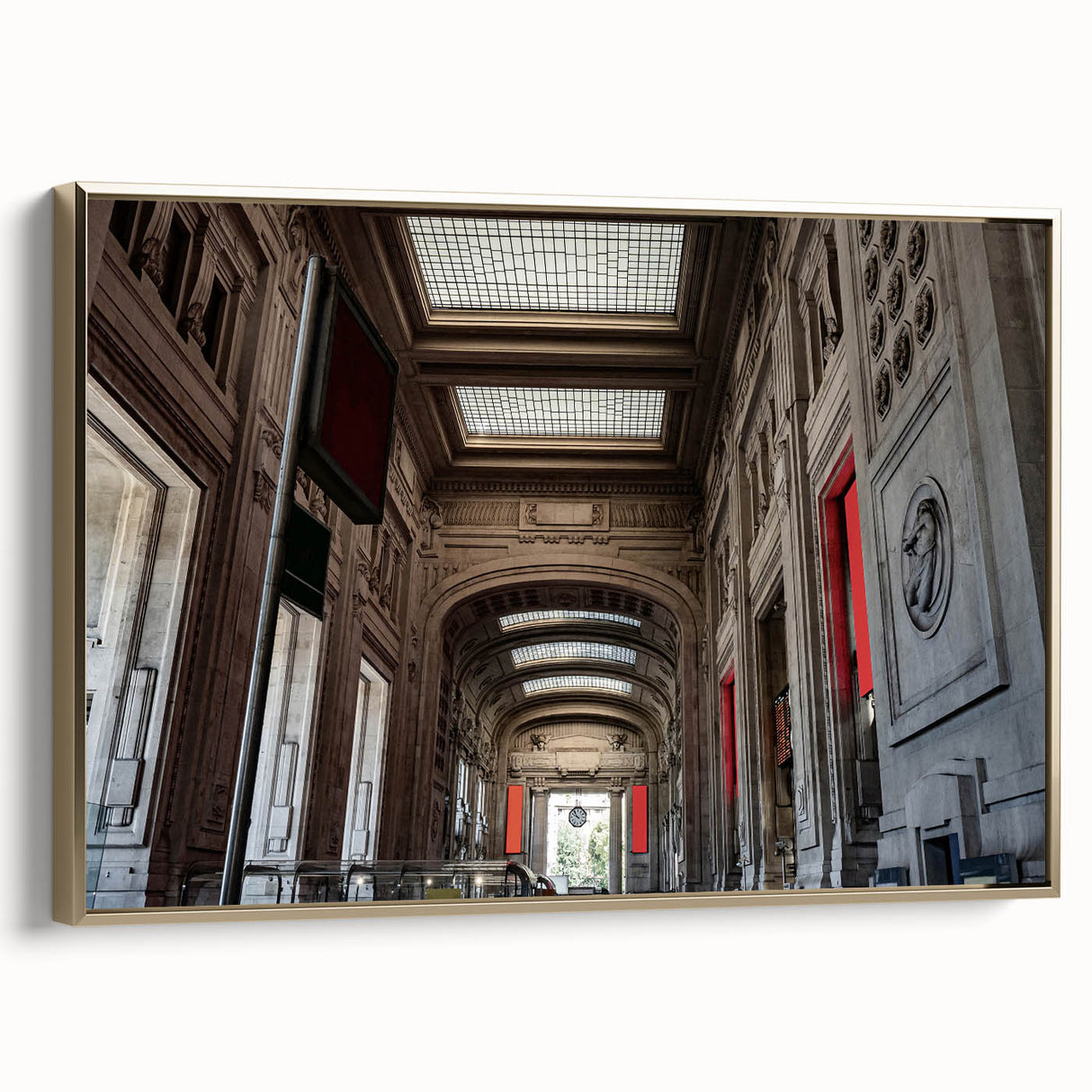 Framed canvas of a vintage-style New York City Grand Central scene in black and gold tones, ideal for bedroom wall art.