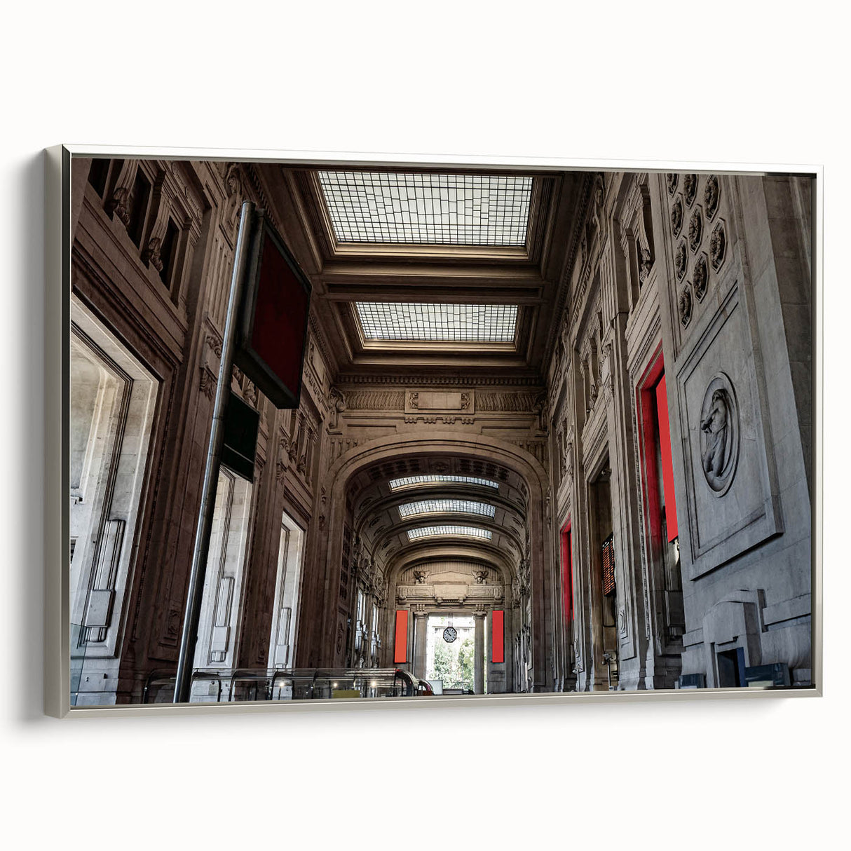 Framed canvas of a vintage New York City Grand Central scene in black with colorful accents, perfect for office decor.