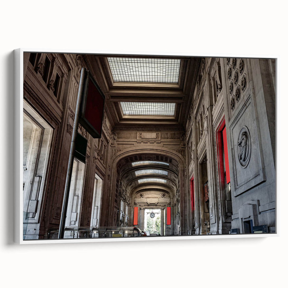 Vintage poster art of NYC Grand Central in muted colors on framed canvas, ideal for living room decor.