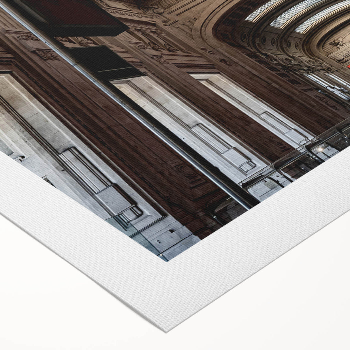Art deco poster of Grand Central Station in muted beige and brown tones on rolled canvas.