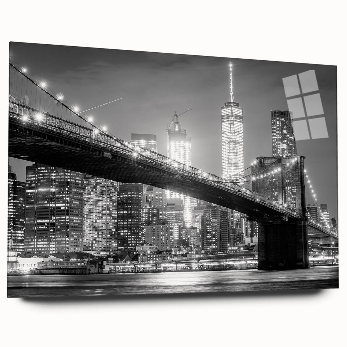 Acrylic print of the Manhattan Bridge in muted blue and gray tones, suitable for bedroom or dining room decor.